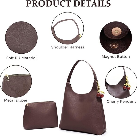 Large Dark Brown Vegan Leather Hobo Tote with Cherry Charm for Travel & Work - Picture 4 of 6